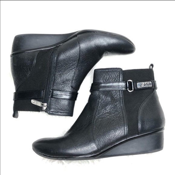 Anne Klein Shoes - Anne Klein black leather buckle wedge booties